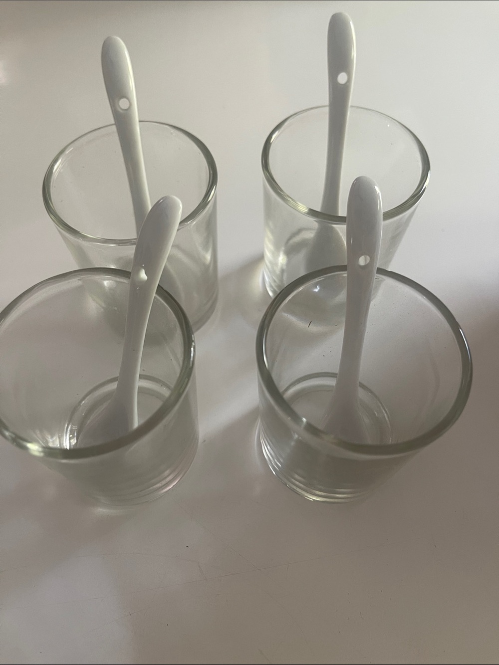 Clear Glass Dessert Cups with White Spoons - Set of 4